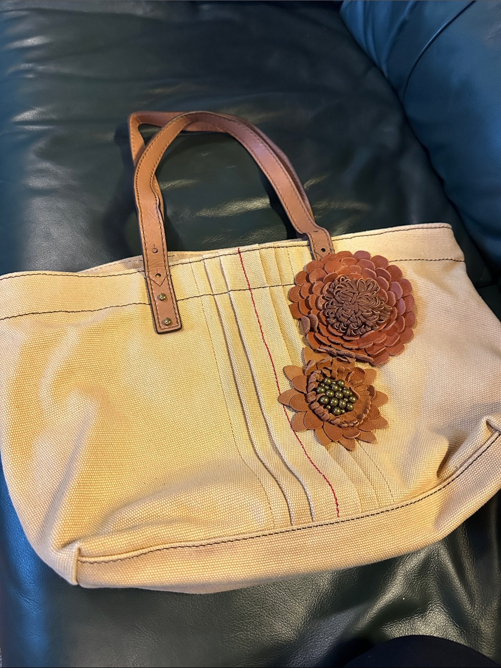 Fossil Beige Canvas Tote with Brown Leather Handles and Floral Leather Vintage